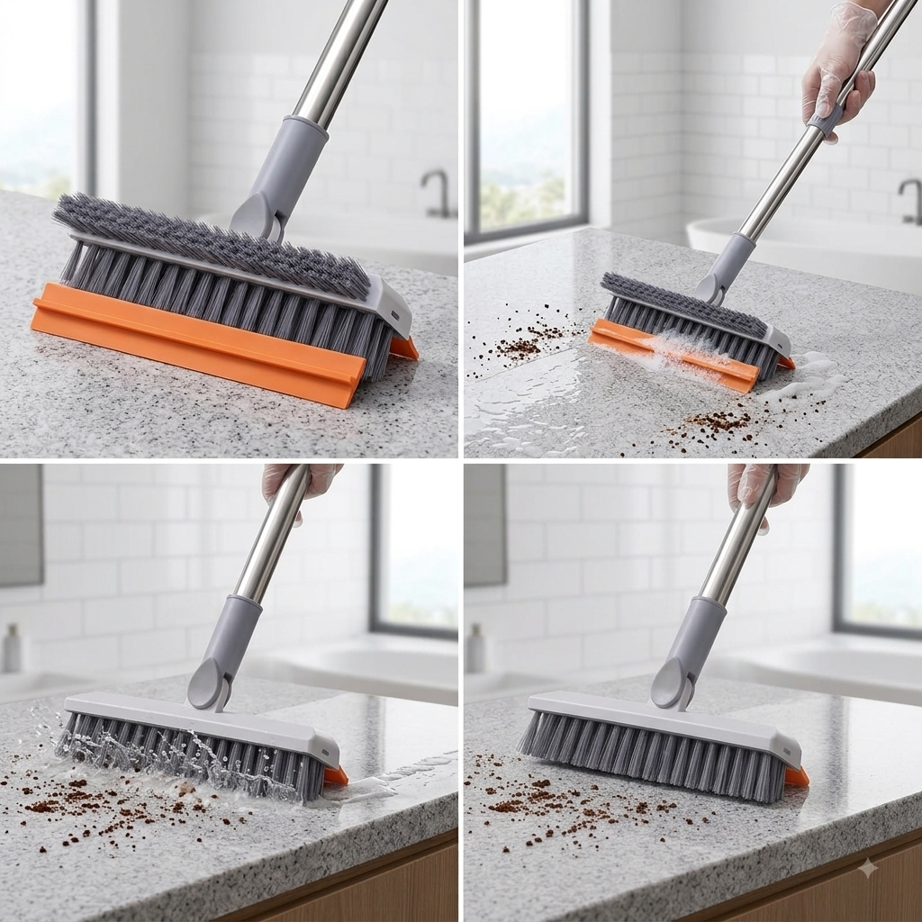 Long Handle Bathroom & Floor Cleaning Brush with Wiper | Tile Scrubber, Floor Scrubber & Water Wiper