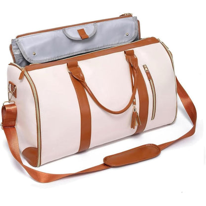 2 in 1 Convertible Leather Garment Bag | Luxury Travel Duffle Bag | Foldable Hanging Suit Carrier | Large Carry-On Travel Bag with Shoe Pouch for Women & Men