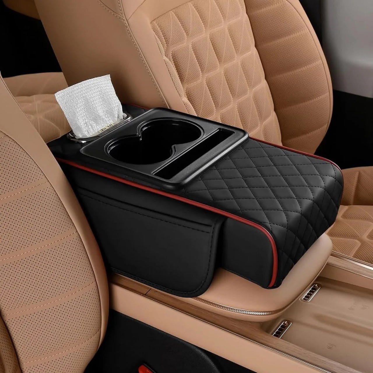 5-in-1 Universal Car Armrest Cushion with Cup & Phone Holder – Leather Center Console Organizer