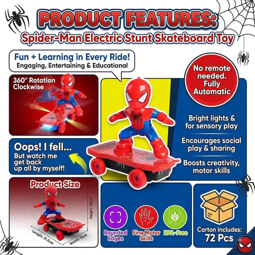 Spiderman Stunt Skateboard Toy | Auto-Rotating Electric Action Toy with LED Lights & Music