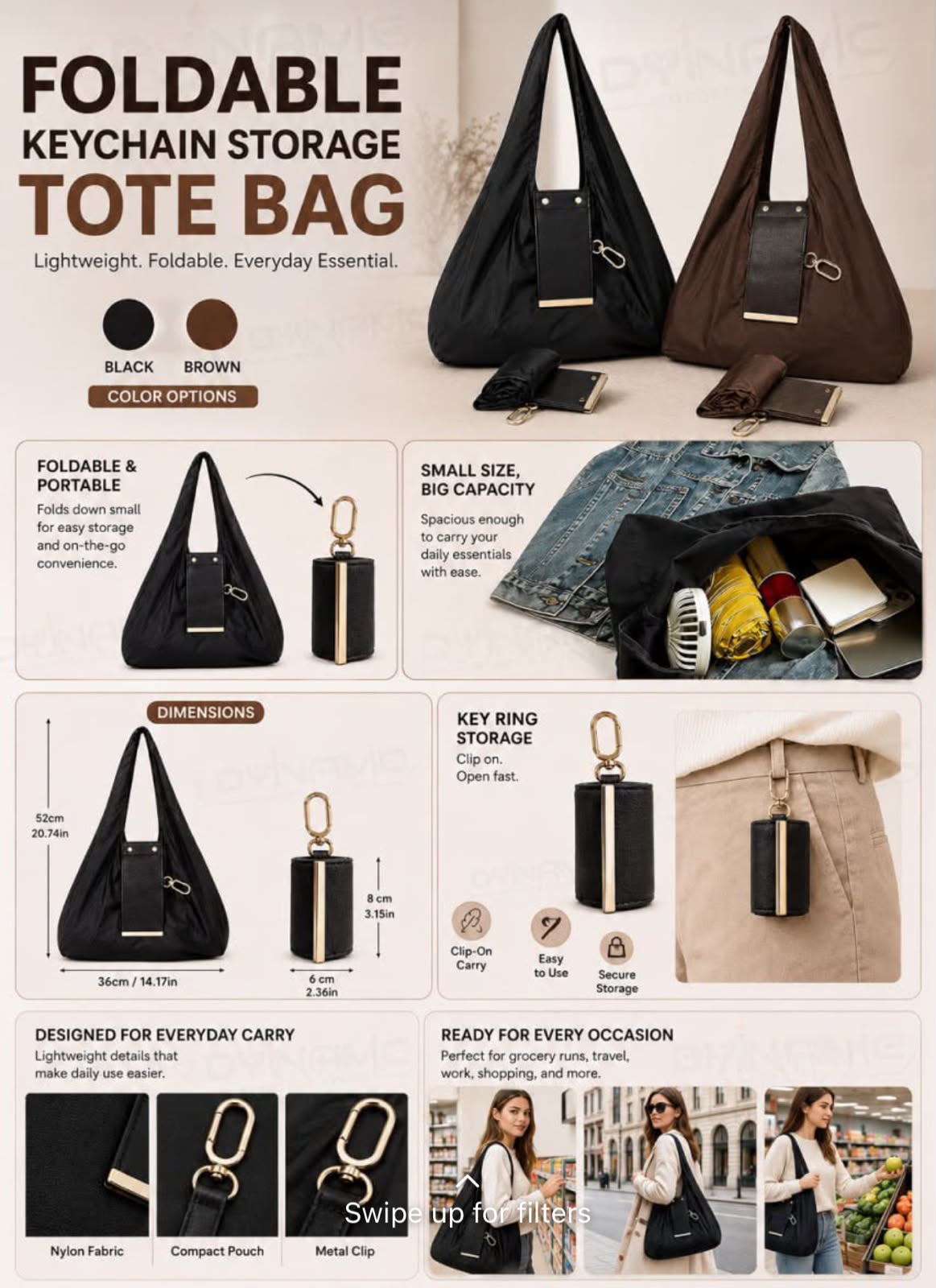 Foldable Keychain Storage Tote Bag – Reusable Large Capacity Shopping & Travel Tote Bag (Black & Brown)