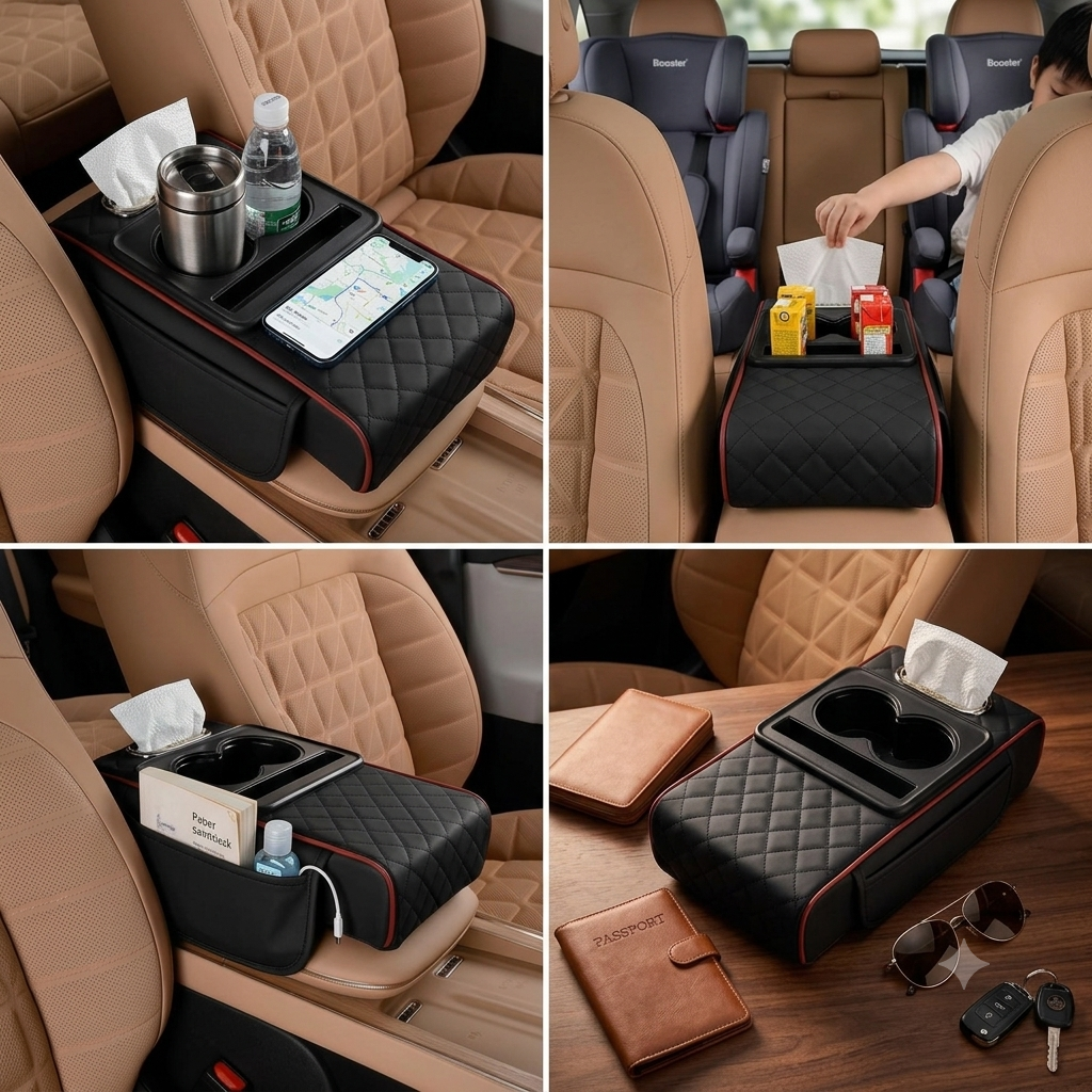 5-in-1 Universal Car Armrest Cushion with Cup & Phone Holder – Leather Center Console Organizer