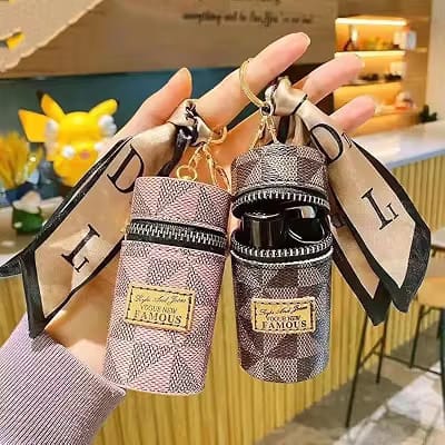 Pack of 2 Cylinder Shape Mini Lipstick Case Makeup Bag – Trendy Silk Scarf Style Cosmetic Storage Pouch with Leather Key Chain
