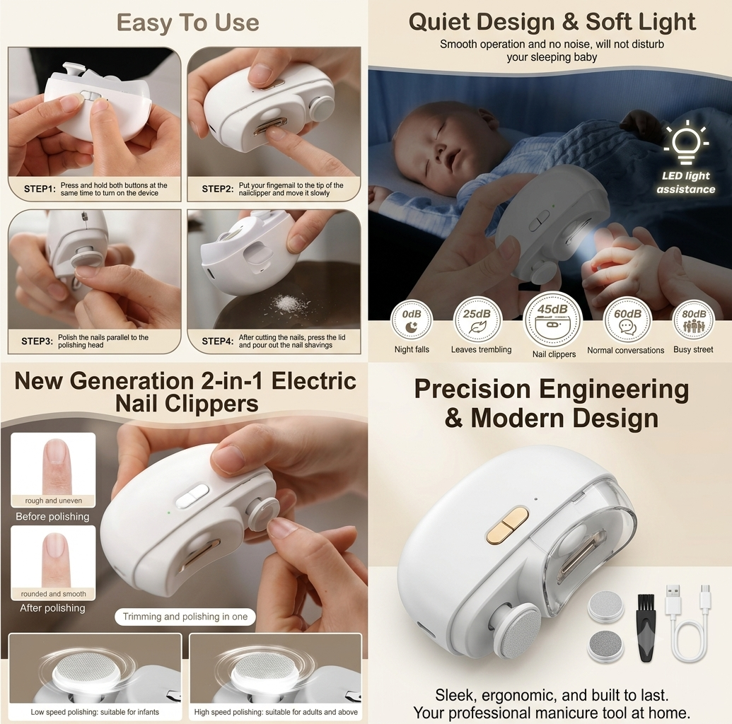 2-in-1 Electric Nail Clipper & Trimmer with LED Light – Rechargeable Nail Cutter & Polisher